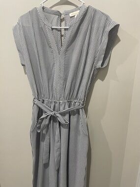 Monteau Striped Tie-Waist Jumpsuit in Navy and White
